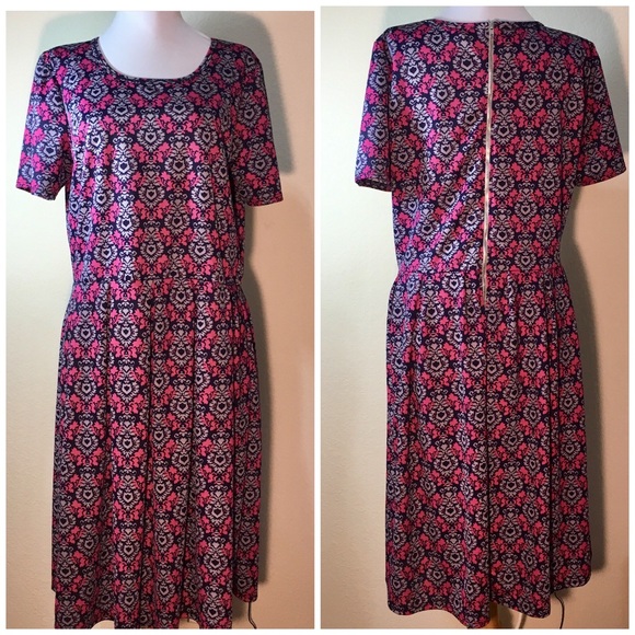 LuLaRoe Dresses & Skirts - Lularoe Amelia navy pink damask print dress 2X